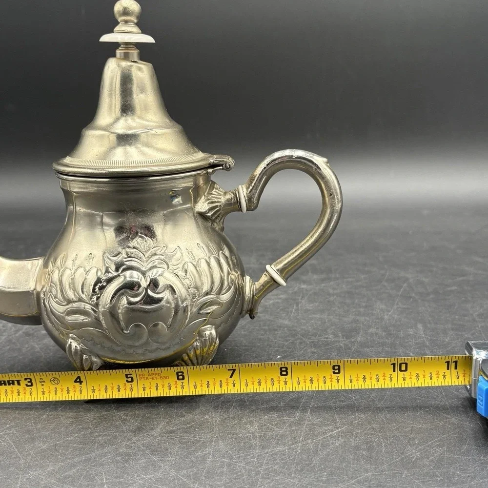 Vtg Moroccan HandMade Silverplate Footed Ornate Teapot Theirr Sidi Abderahmine